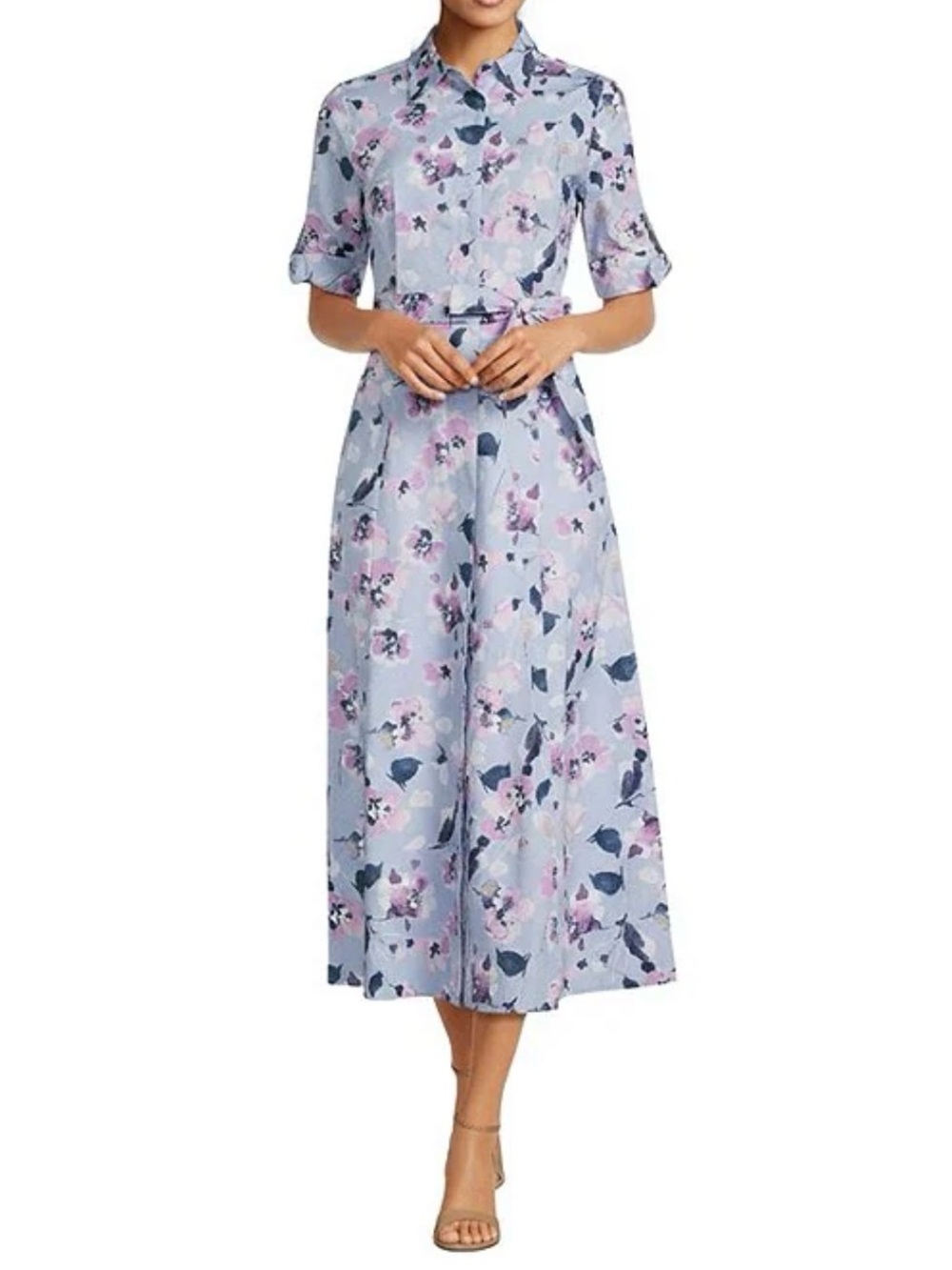 Calvin Klein Light Blue Floral Midi Shirt Dress with Tie Belt